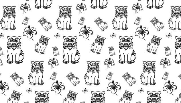 Simple line drawing pattern background of Shisa and Hibiscus