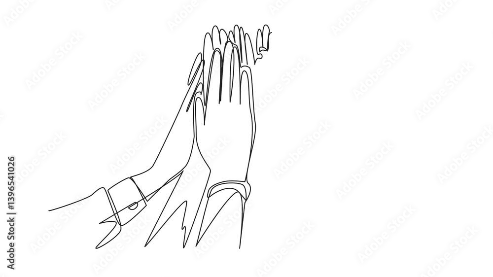 Poster animation of single continuous line drawing some hands doing high five. solid teamwork. supporting e