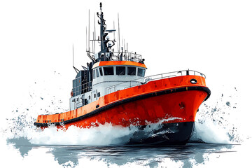 Fototapeta premium Striking Orange And White Tugboat Cutting Through The Water Against A White Background