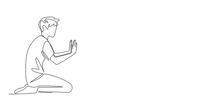 Self drawing animation of single one line drawing a man in casual clothes sitting on floor giving a high five to a cat. Very familiar with beloved pets. National High Five Day. Full length animated