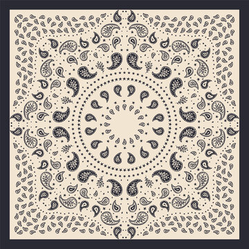 Black and white scarf or bandana design with paisley mandala pattern. Ethnic monochrome carpet design. Abstract boho background.