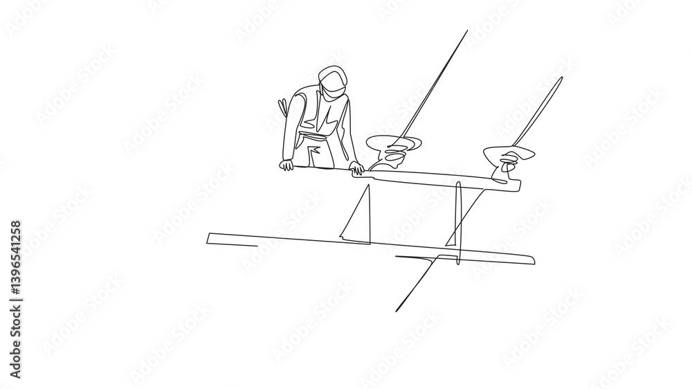 Poster animated self drawing of continuous one line drawing lineman standing on top of electric pole and re