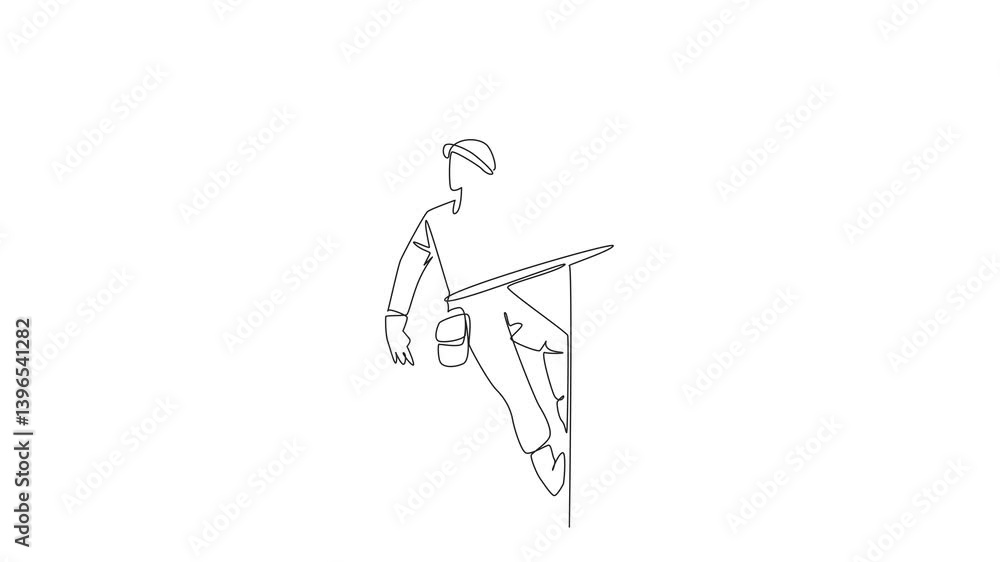 Poster animation of continuous line drawing lineman climbs and holds electric pole with one hand. electrica