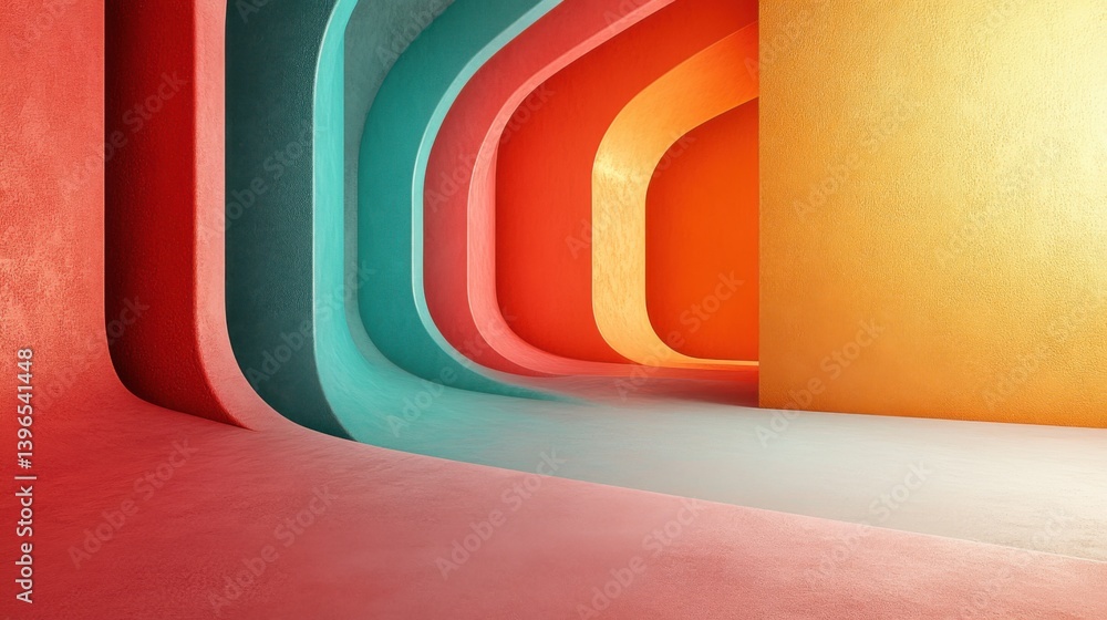 Aufkleber a vibrant, abstract interior featuring curved walls in various colors, creating a visually stimulati