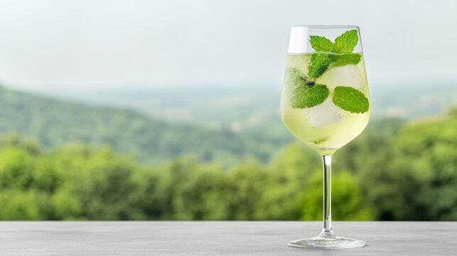 Refreshing elderflower spritzer in glass with mint leaves, set against lush green landscape