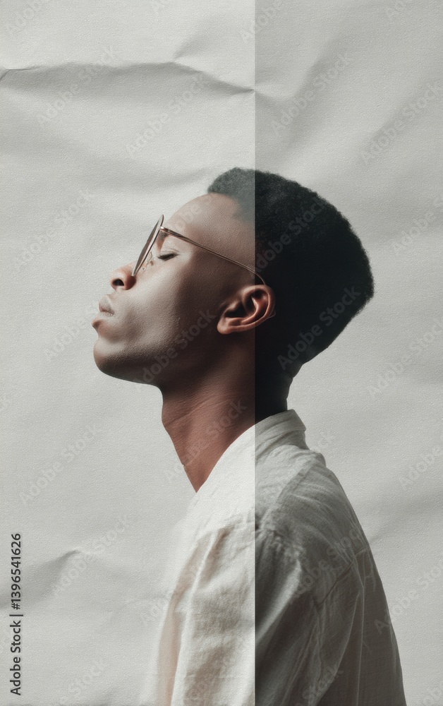 Poster Digital Duality Gen Z Minimalist Profile Expressing Post-Analog Aesthetic with Textural Split-Screen Mindfulness and Creative Self-Exploration