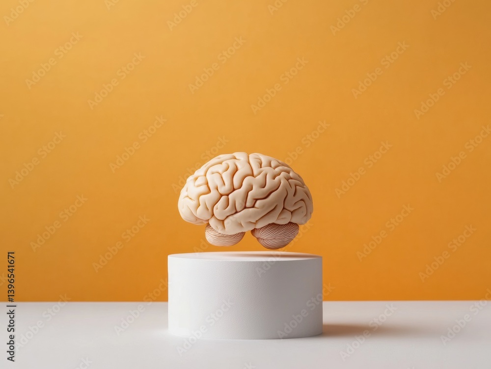 Poster minimalist neurological design soft beige brain model on geometric pedestal - neuroscience innovatio