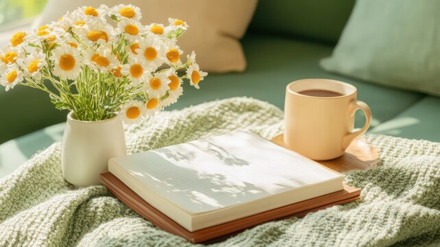 Cozy Still Life with White Daisies Coffee and Book on Green Knit Blanket with Green Sofa at Soft Sunlight - Powered by Adobe