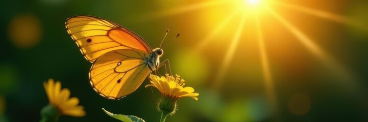 Sunburst illuminates butterfly exiting chrysalis; vibrant wings, soft light , morning, renewal, symbolic