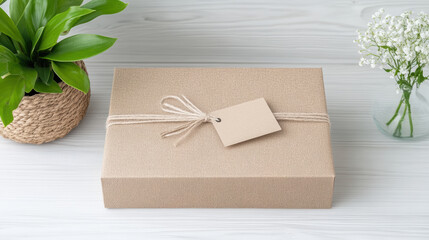 beautifully wrapped gift box with tag sits on light wooden surface, surrounded by greenery