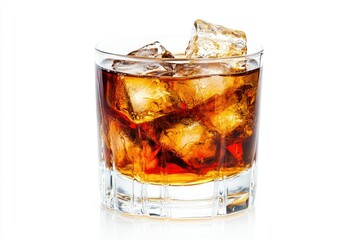 Refreshing Cola Drink with Ice Cubes in a Glass on White