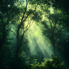 deep forest background, sunlight through trees, magical atmosphere, green tones, cinematic style
