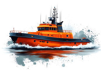 Fototapeta premium Orange And Gray Tugboat Illustration Cutting Through The Water With Splash Effects
