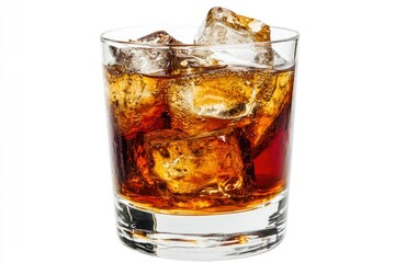 Refreshing Cola Drink with Ice Cubes in Glass on White Background