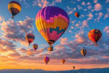 Obraz premium Colorful hot air balloons soaring in the sky over mountains, creating a breathtaking and vibrant display that captures the beauty of flight.