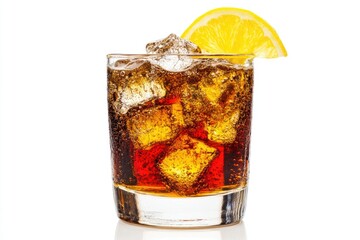 Refreshing Cola Drink with Ice Cubes and Lemon Slice on White