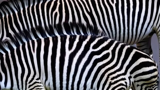 A zebra is shown in a close up of its back. The zebra is black and white with a striped pattern
