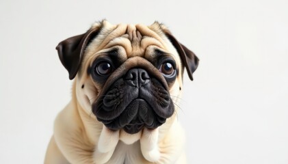 Single pug against pure white backdrop, showing wrinkles and expression , headshot, portrait, dog