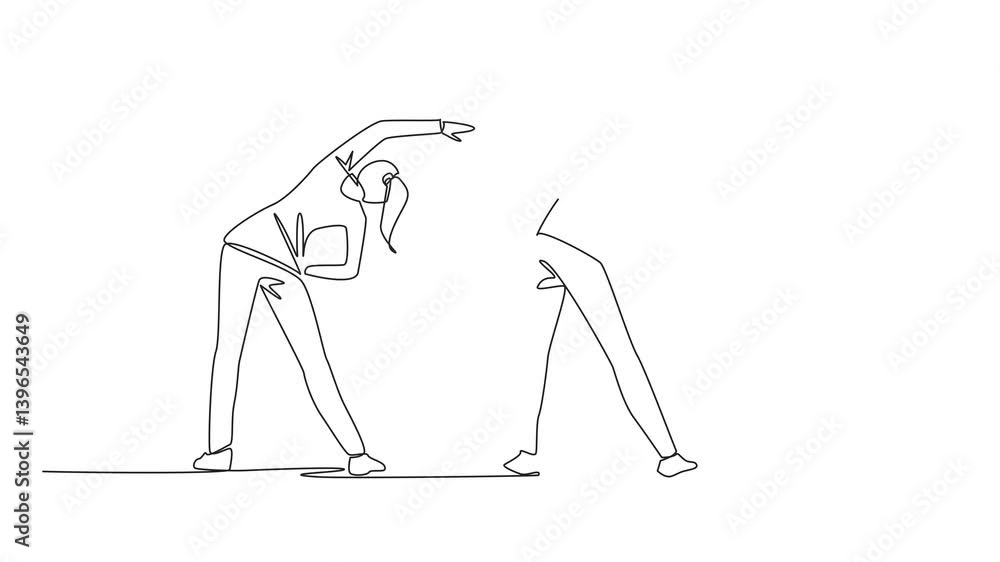 Poster animation of single continuous line drawing young couple wearing running jackets doing exercise. bur