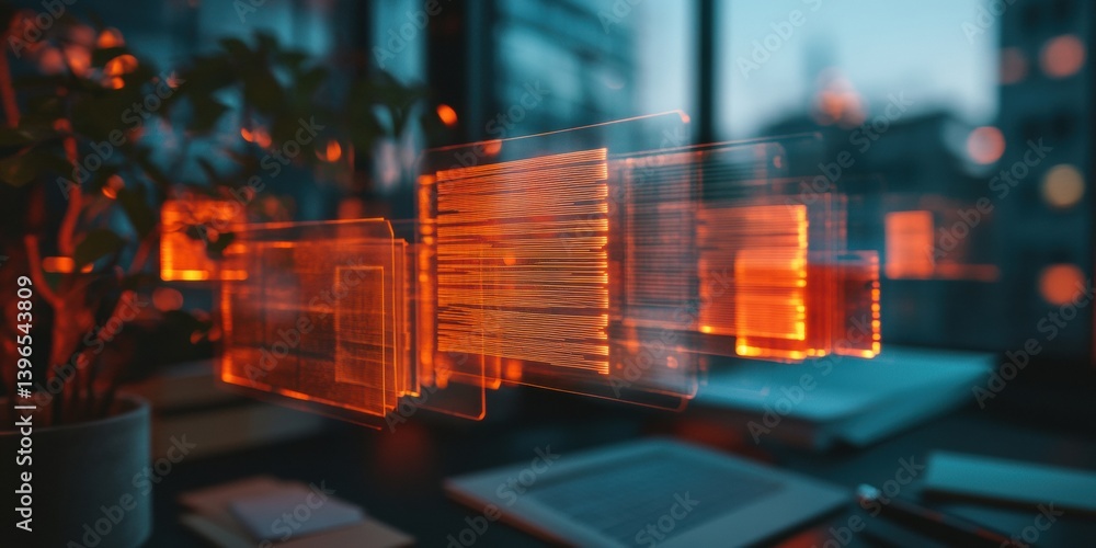 Poster Holographic Workspace Transformation Immersive Digital Organization with Translucent AR Filing Systems - Next-Gen Productivity Visualization for Tech-Enabled Professional Environments