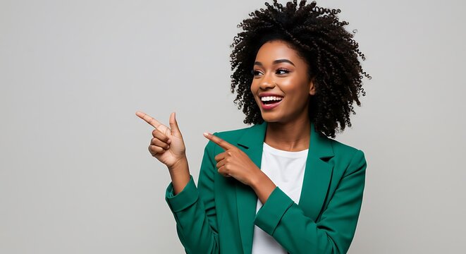 Young black woman pointing to the left, publicity photo.