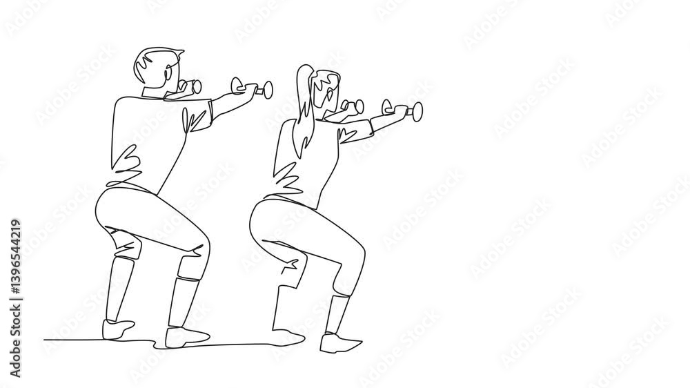 Poster animated self drawing of single continuous line drawing young couple doing exercise at home using du