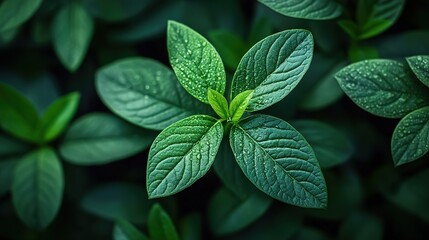 Fresh green leaves with water droplets capture botanical freshness and vitality
