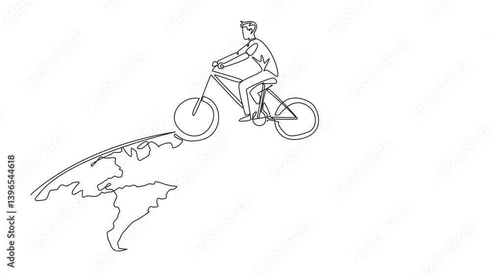 Poster animated self drawing of continuous one line drawing a man riding a bicycle on a semicircular world 