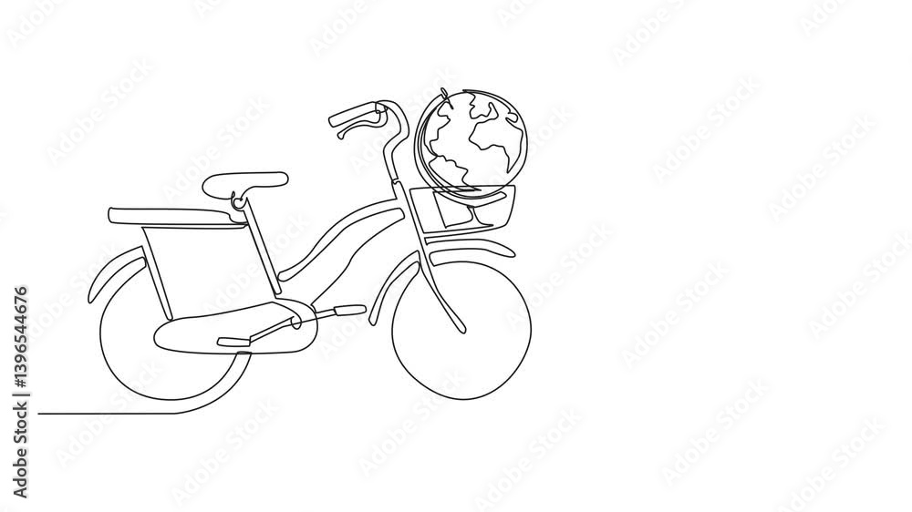 Poster animation of one line drawing mini bike with a globe in front basket. bicycles can make the earth he