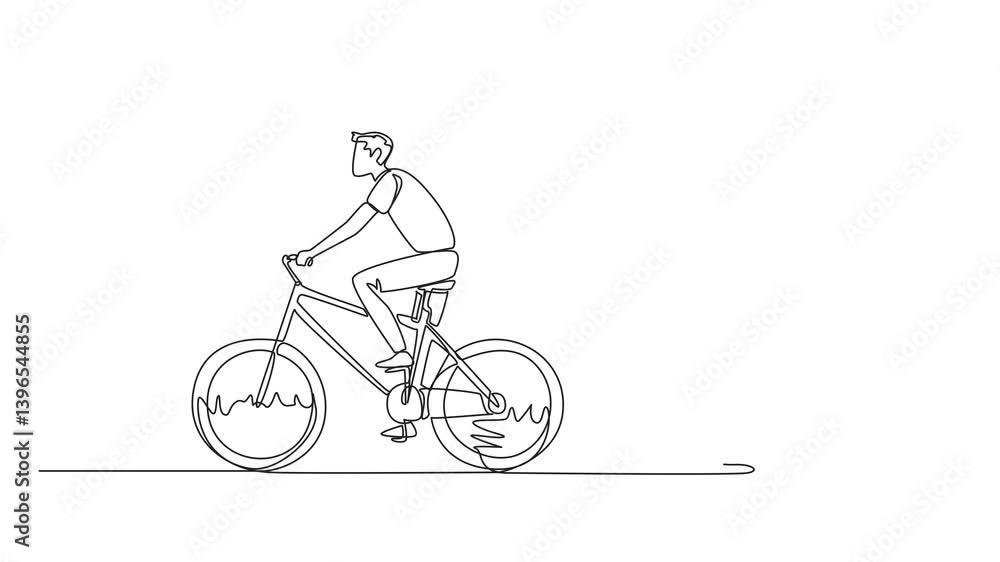 Poster animation of continuous line drawing a man riding a bicycle and behind him is a globe. activities th