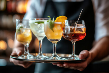 A bartender serving cocktail drinks at a bar