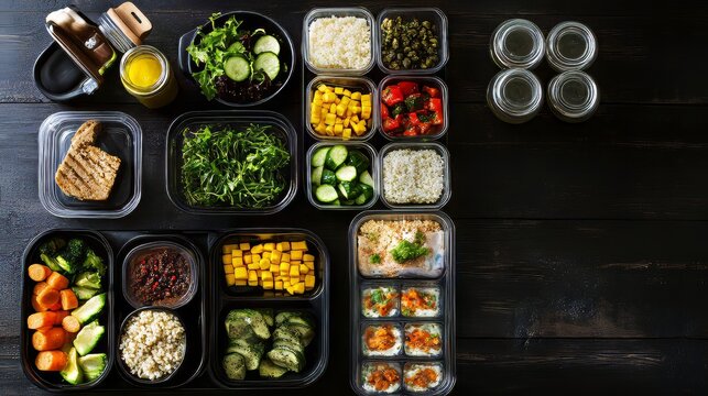 Prepped meals in containers: Colorful, healthy food choices for easy grab and go weekday lunch options.