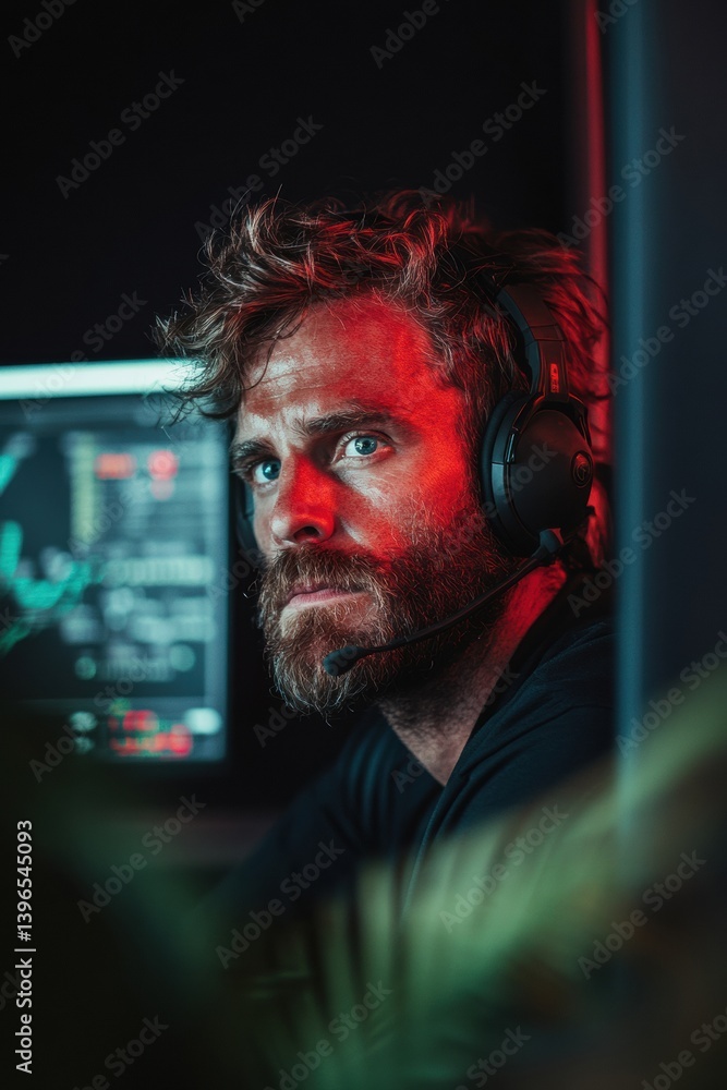Aufkleber Cybersecurity Edge Intense Digital Guardian in Immersive Red-Lit Control Space - Next-Gen Threat Monitoring and Crisis Response Visual Narrative