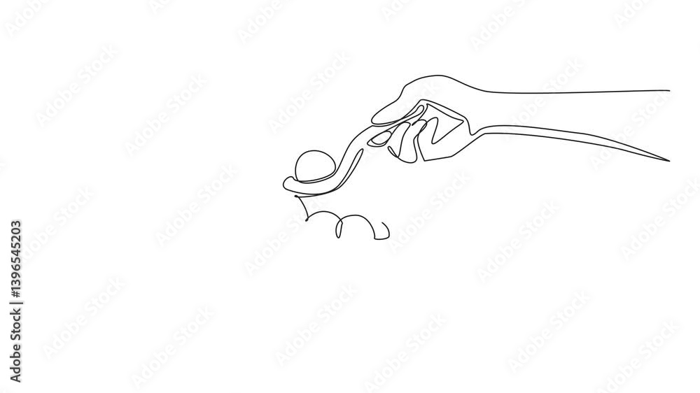 Poster animated self drawing of single continuous line drawing hand scooping a rice ball using a duck spoon