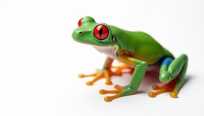 Single red-eyed tree frog on white, striking contrast, macro, leaping, isolated