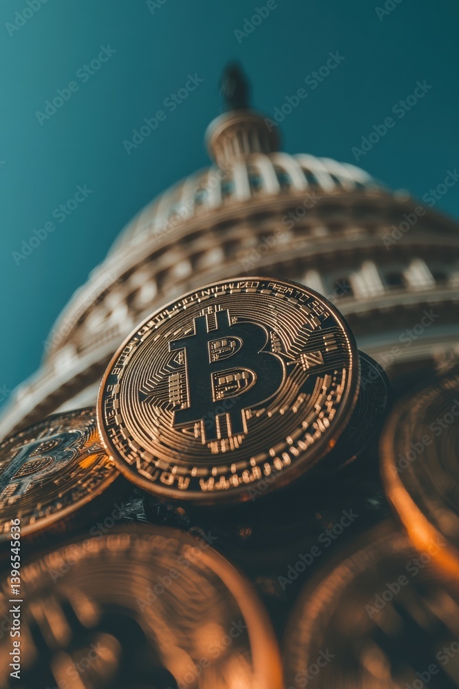 Aufkleber crypto governance insights metallic bitcoin coins symbolizing digital finance revolution against u.s