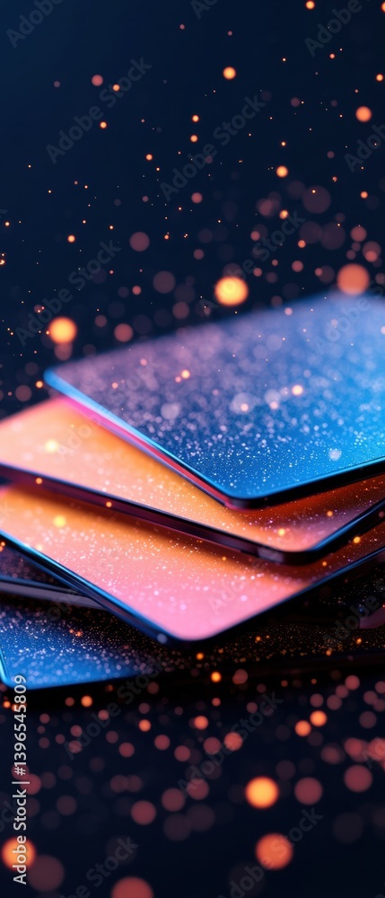 Poster Immersive Digital Experience Layered Tablets Showcasing Futuristic AR Interface Design with Dynamic Particle Visualization for Next-Gen Tech Engagement