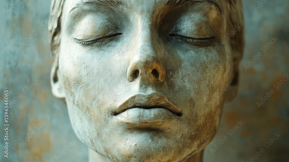 Poster a serene, close-up portrait of a sculpted face, showcasing smooth features and a contemplative expre