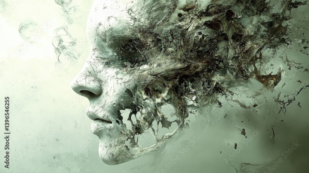 Poster an abstract depiction of a human face merging with fluid textures, creating an ethereal and surreal 
