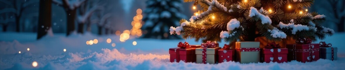 Glimmering tree, presents piled at base, snowy scene ,  new year,  winter photography