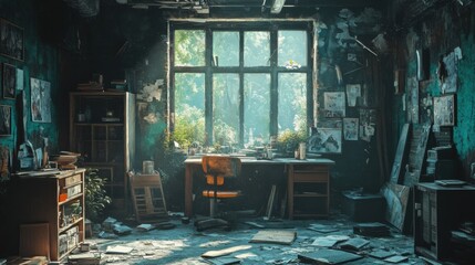 A sunlit, cluttered room with a desk, overgrown plants, and scattered papers, evoking a sense of nostalgia and creativity.