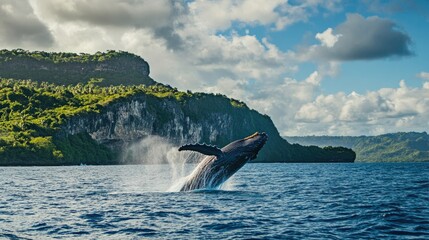 Fototapeta premium Jumping humpback whale breaching over the ocean, dramatic splash
