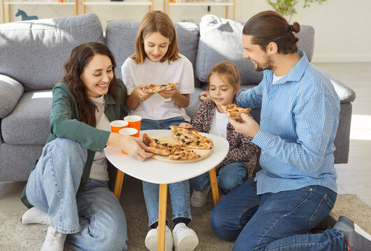 Happy family union gather meal at home, taking tasty pizza slices to enjoy dining out in, takeaway delivery service, enjoying weekend moment, leisure time day, common holiday dinner together