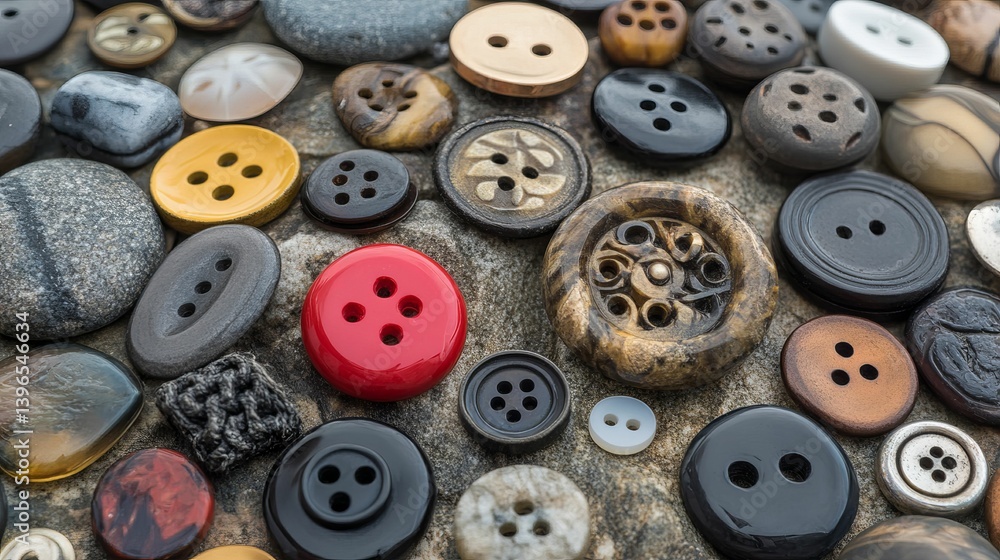 Poster many assorted buttons of various sizes colors and materials scattered on surface.