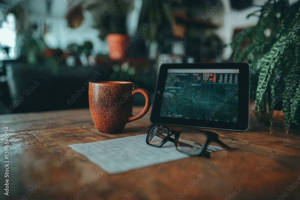 Poster Data-Driven Hustle Modern Productivity Aesthetic with Rustic Workspace, Digital Analytics and Mindful Performance Tech Ecosystem