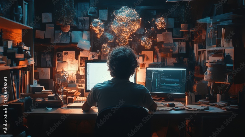 Poster a dimly lit workspace shows a person focused on multiple computer screens, surrounded by notes and c