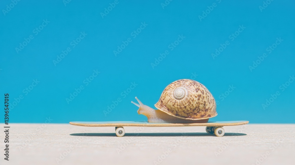 Aufkleber Minimalist Innovation Concept Quirky Snail Skateboarding Against Azure Sky - Breakthrough Performance Metaphor for Digital Transformation and Agile Business Strategy