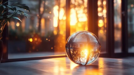 A glass sphere reflects warm sunlight, casting a magical glow in a serene indoor setting filled with greenery.