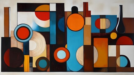 Abstract Floral Painting with Geometric Shapes and Bold Colors