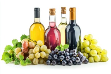 Wine Bottles and Fresh Grapes Variety on a White Background Still Life